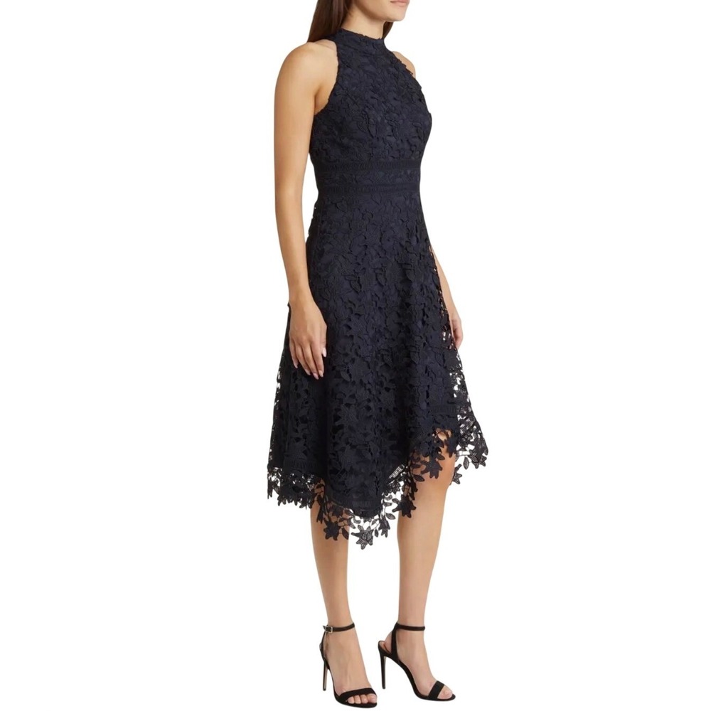 New Eliza‎ J Women Asymmetric Hem Mock Neck Lace Dress size 18 Navy Cocktail - Picture 3 of 16